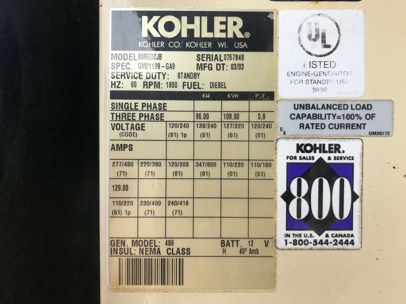 Used Kohler 80REOZJB Diesel Generator, 406 Hrs