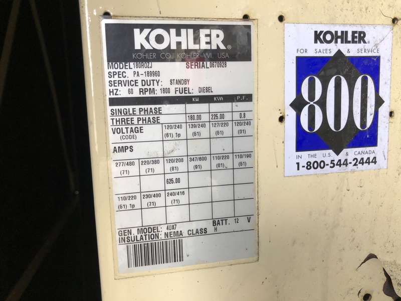 Used Kohler 180ROZJ Diesel Generator 665 Hrs | 180 KW | 0 Price | CSDG