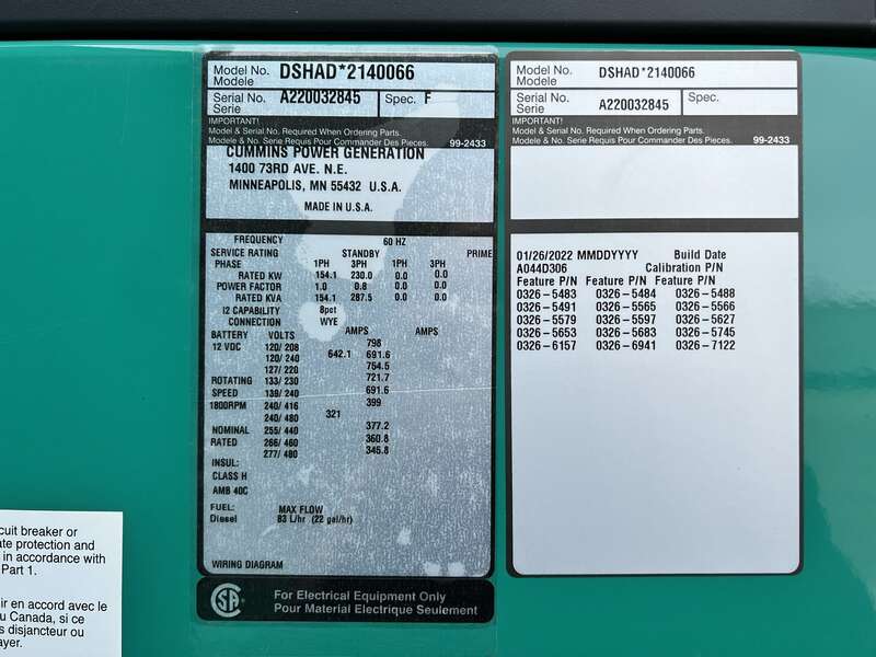 New Cummins DSHAD QSL9-G2 NR3 Diesel Generator EPA Tier 3