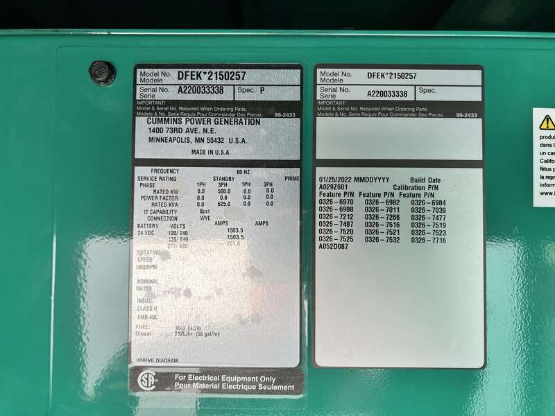 New Cummins DFEK QSX15-G9 Diesel Generator EPA Tier 2