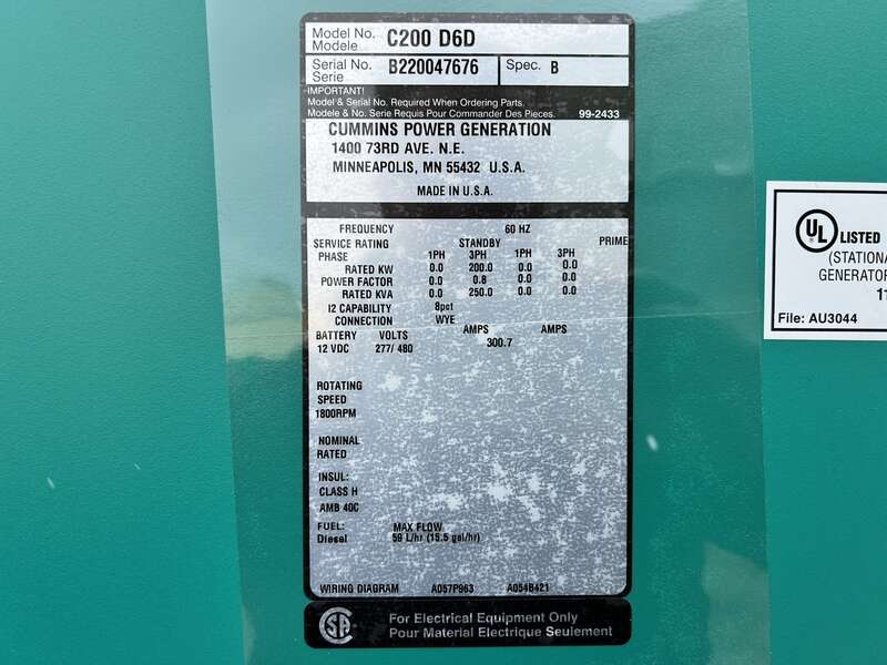 New Cummins C200D6D QSB7-G5 NR3 Diesel Generator, EPA Tier 3