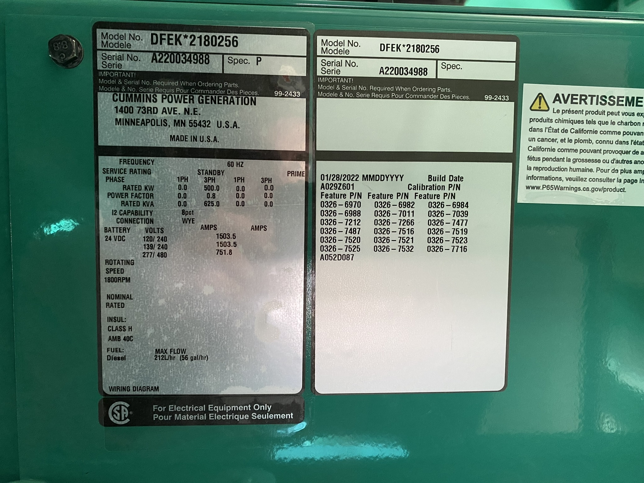 New Cummins DFEK QSX15G9 Diesel Generator EPA Tier 2 500 KW 0