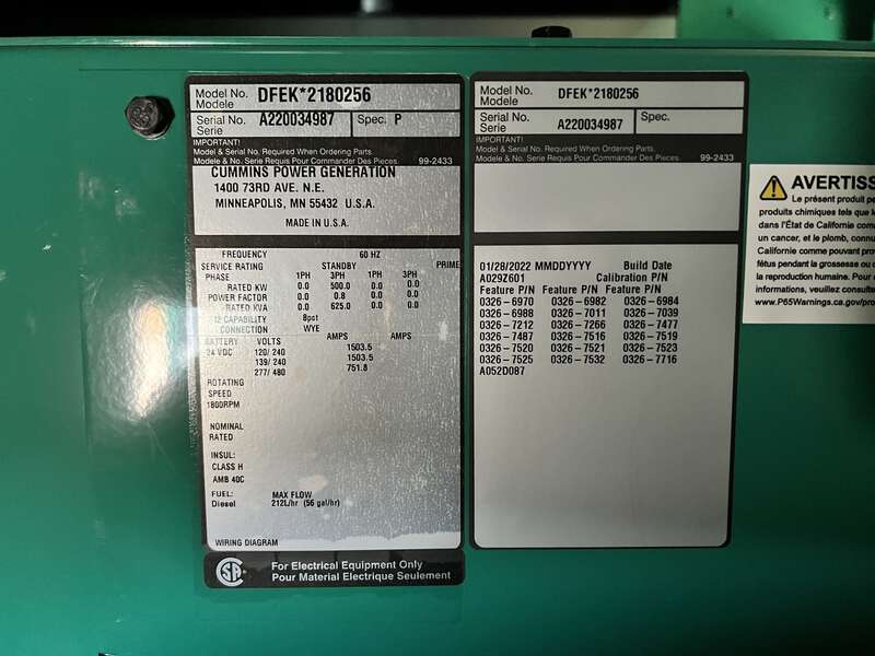 New Cummins DFEK QSX15-G9 Diesel Generator EPA Tier 2