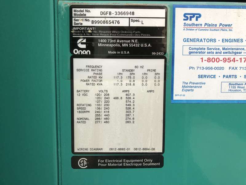 Used Cummins DGFB 6CTA8.3-G2 Diesel Generator 253 Hrs