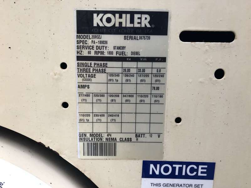 Used Kohler 20ROZJ John Deere 4039D Diesel Generator, 4608 Hrs