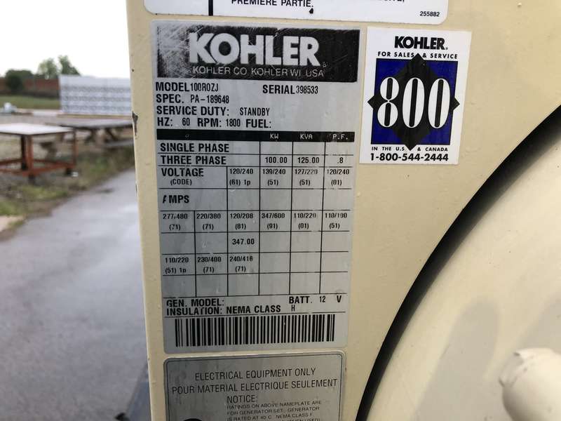 Used Kohler 100ROZJ John Deere 6059TF003 Diesel Generator, 383 Hrs