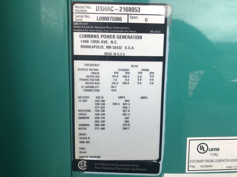 Used Cummins DSHAC QSL9-G2 NR3 Diesel Generator, 129 Hrs, EPA Tier 3