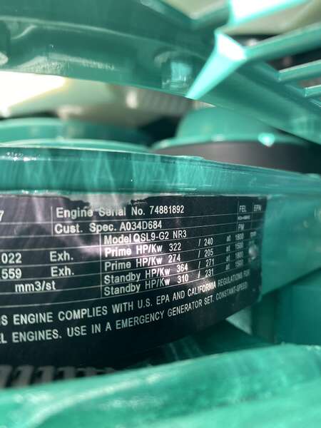 New Cummins DSHAD QSL9-G2 NR3 Diesel Generator, EPA Tier 3