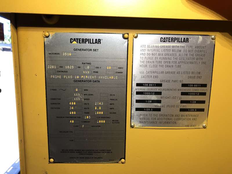 Used Caterpillar 3516 Diesel Generator, 454 Hrs
