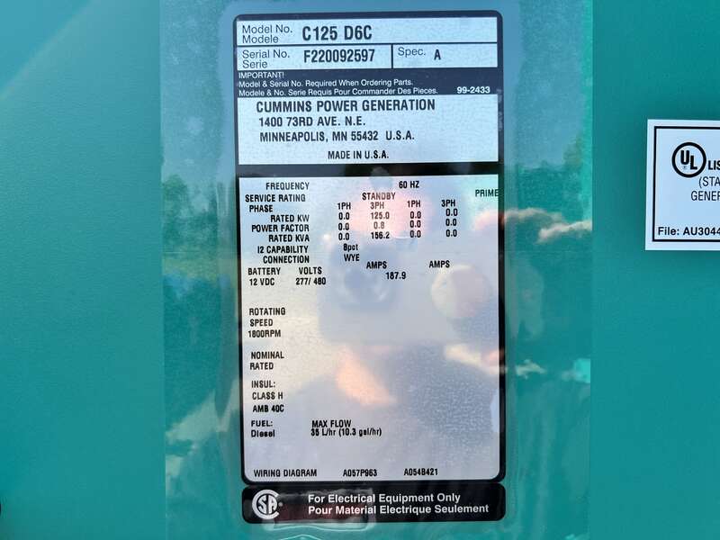 New Cummins C125D6C QSB5-G6 NR3 Diesel Generator, EPA Tier 3