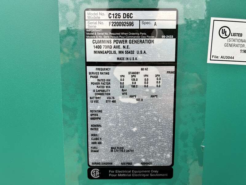 New Cummins C125D6C QSB5-G6 NR3 Diesel Generator, EPA Tier 3