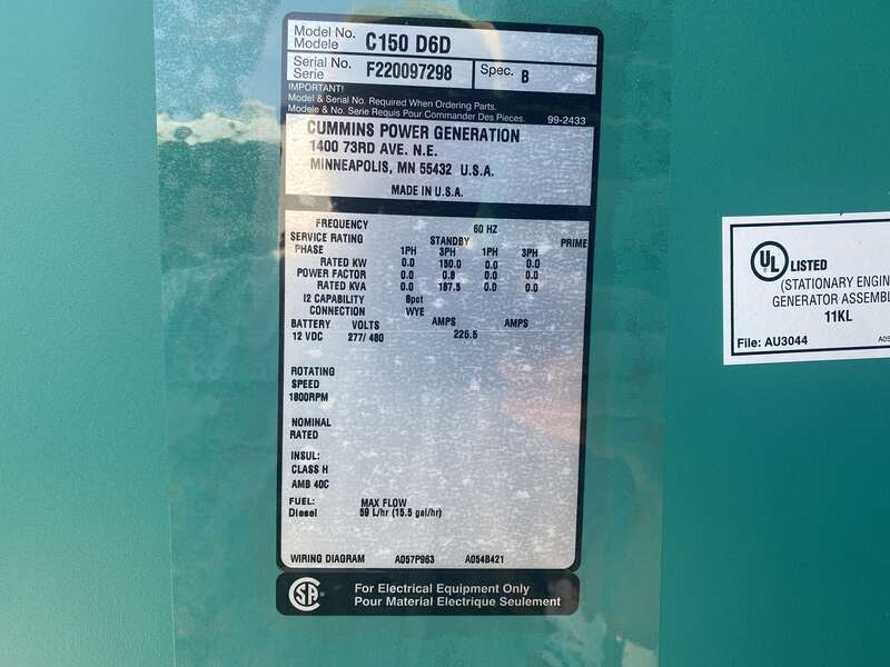 New Cummins C150D6D QSB7-G5 NR3 Diesel Generator, EPA Tier 3