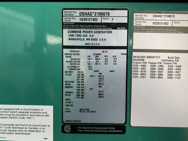New Cummins DSHAD QSL9-G2 NR3 Diesel Generator EPA Tier 3