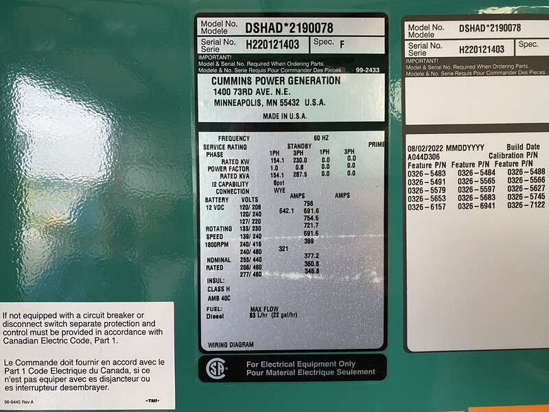 New Cummins DSHAD QSL9-G2 NR3 Diesel Generator EPA Tier 3