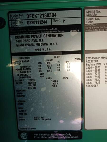 New Cummins DFEK QSX15-G9 Diesel Generator EPA Tier 2