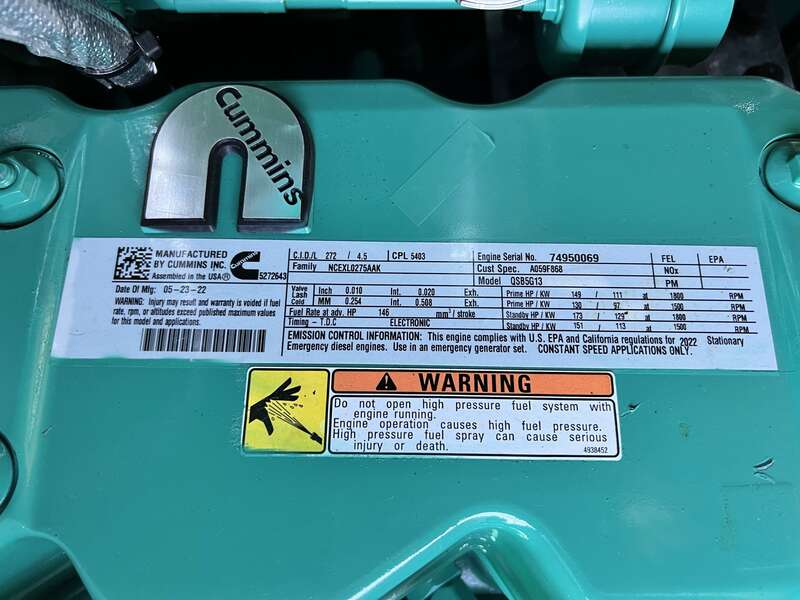 New Cummins C100D6C QSB5-G13 NR3 Diesel Generator, EPA Tier 3