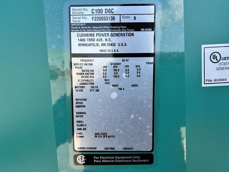 New Cummins C100D6C QSB5-G13 NR3 Diesel Generator, EPA Tier 3