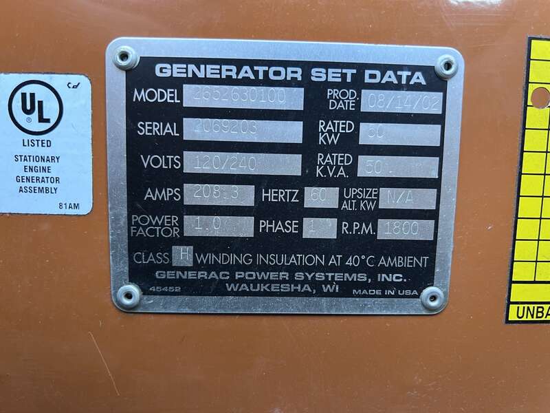 Used Generac SD0050 Daewoo Diesel Generator, 508 Hrs Single Phase