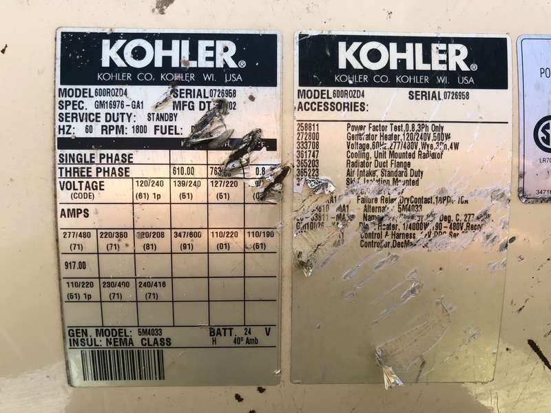 Used Kohler 600ROZD4 12V2000 Diesel Generator 365 Hrs