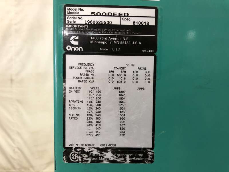 Used Cummins DFED KTA19-G4 Diesel Generator 393 Hrs