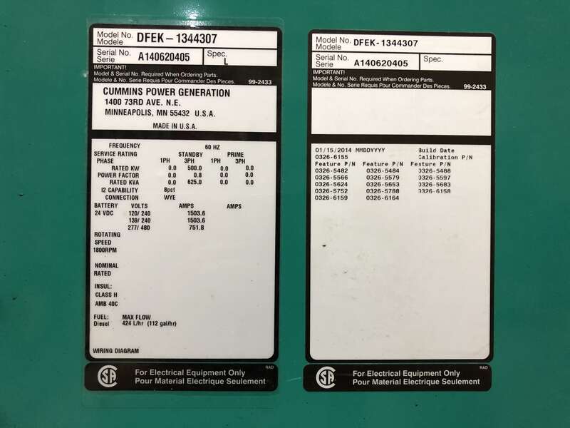 Used Cummins DFEK QSX15-G9 NR2 Diesel Generator 60 Hrs EPA Tier 2