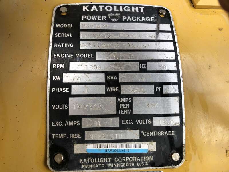Used Katolight D60FGP4  Diesel Generator 1099 Hrs Single Phase
