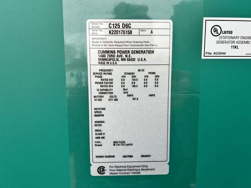 New Cummins C125D6C QSB5-G6 NR3 Diesel Generator, 0 Hrs, EPA Tier 3