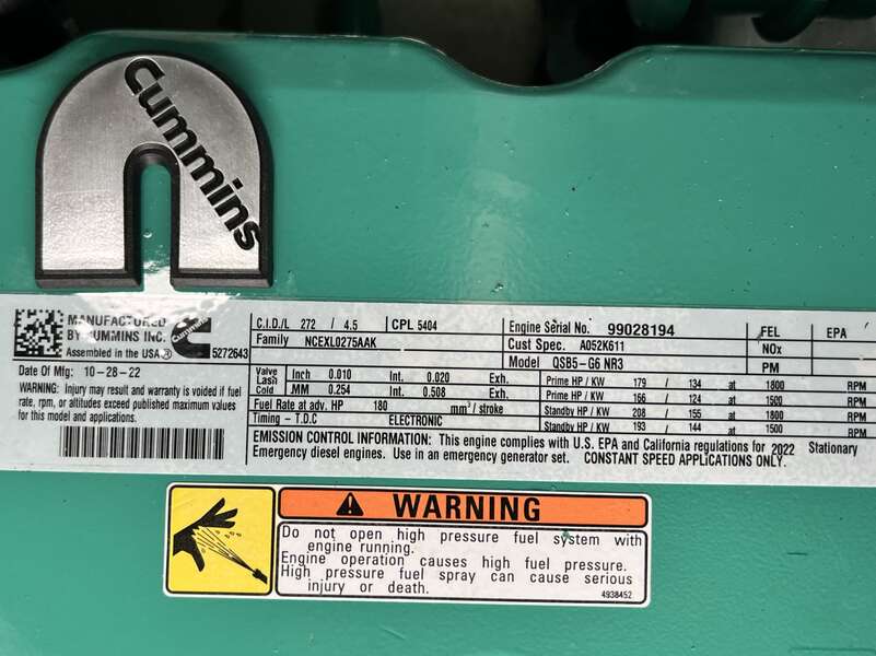 New Cummins C125D6C QSB5-G6 NR3 Diesel Generator, 0 Hrs, EPA Tier 3