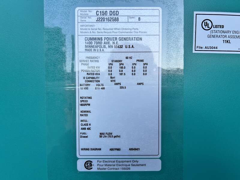 New Cummins C150D6D QSB7-G5 NR3 Diesel Generator, EPA Tier 3