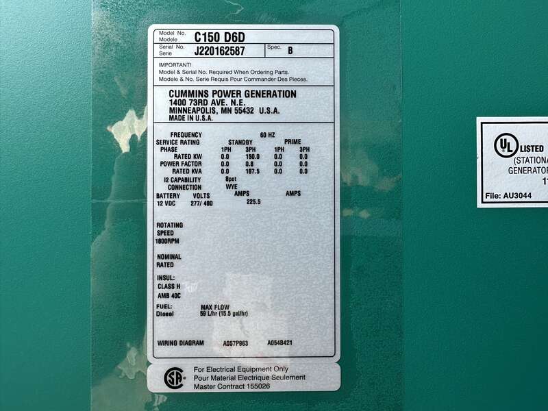 New Cummins C150D6D QSB7-G5 NR3 Diesel Generator, EPA Tier 3