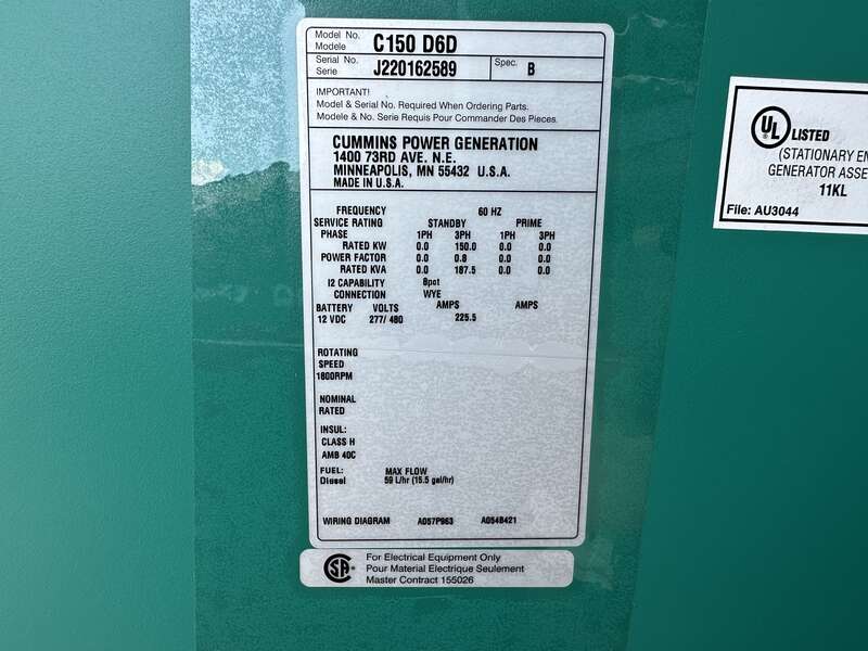New Cummins C150D6D QSB7-G5 NR3 Diesel Generator, EPA Tier 3