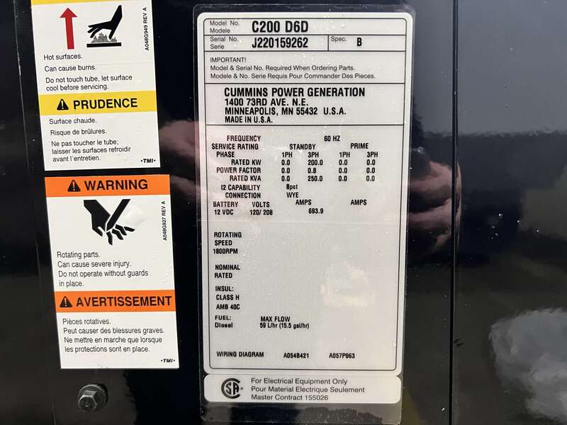 New Cummins C200D6D QSB7-G5 NR3 Diesel Generator, EPA Tier 3