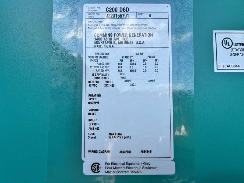 New Cummins C200D6D QSB7-G5 NR3 Diesel Generator, EPA Tier 3
