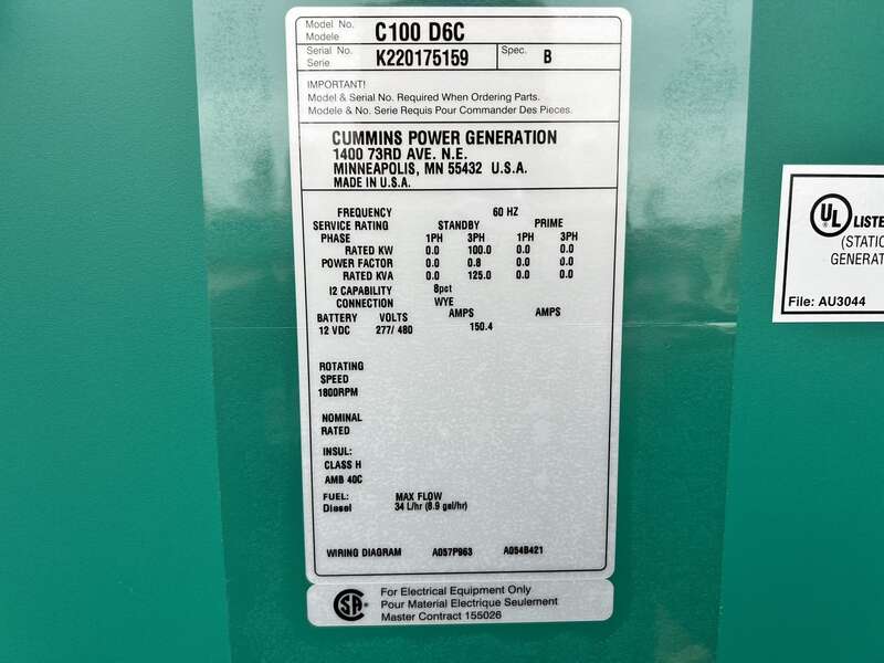 New Cummins C100D6C QSB5-G13 NR3 Diesel Generator, EPA Tier 3