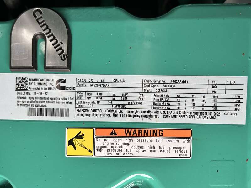 New Cummins C100D6C QSB5-G13 NR3 Diesel Generator, EPA Tier 3