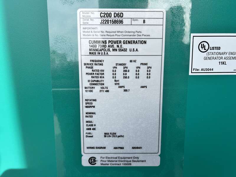New Cummins C200D6D QSB7-G5 NR3 Diesel Generator, EPA Tier 3