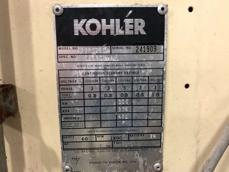 Used Kohler 300ROZ274 Cummins NTA855-G2  Diesel Generator, 582 Hrs