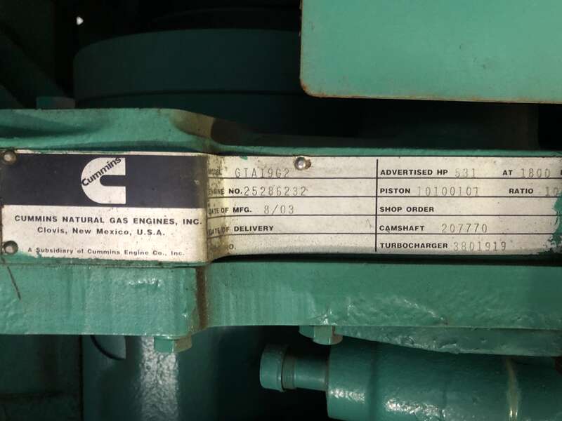 Used Cummins GTA19-G2 Natural Gas Generator, 443 Hrs
