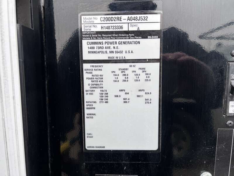 Cummins Rental Grade C200D2RE QSB7-G5 NR3 Diesel Generator, 924 Hrs, EPA Tier 4 Final