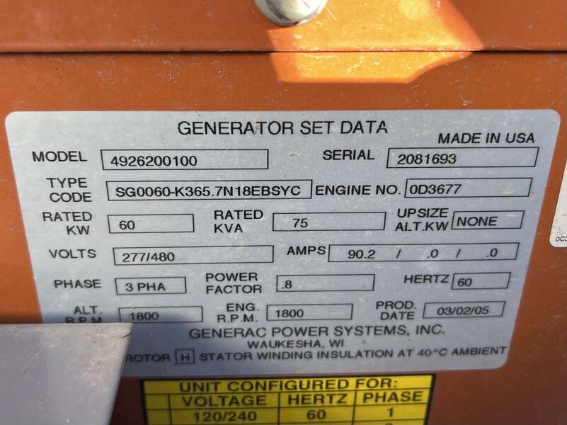 Used Generac SG0060 Natural Gas / Propane Generator, 95 Hrs