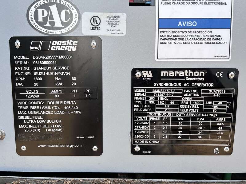 Used MTU DG04RZ055V1M00001 Isuzu 4LE1NYGV04 Diesel Generator, 52 Hrs, EPA Tier 3