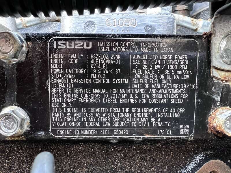 Used MTU DG04RZ055V1M00001 Isuzu 4LE1NYGV04 Diesel Generator, 88 Hrs, EPA Tier 3