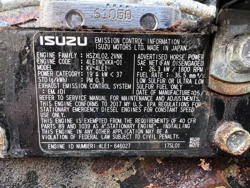 Used MTU DG04RZ055V1M00001 Isuzu 4LE1NYGV04 Diesel Generator, 62 Hrs, EPA Tier 3