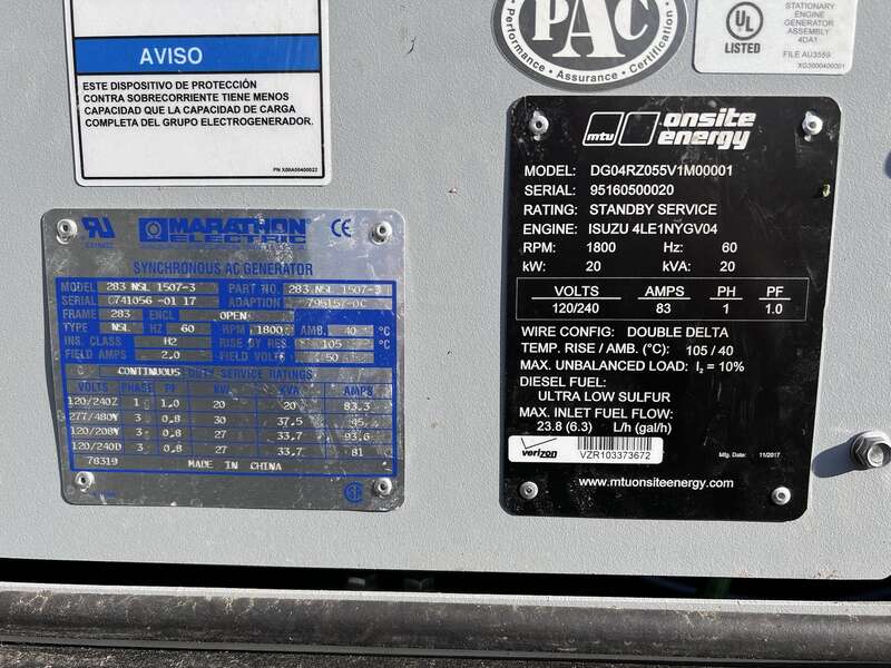 Used MTU DG04RZ055V1M00001 Isuzu 4LE1NYGV04 Diesel Generator, 65 Hrs, EPA Tier 3