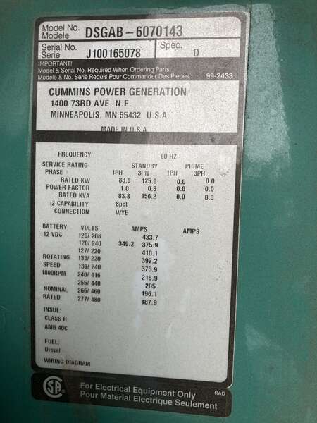 Used Cummins DSGAB QSB7-G3-NR3 Diesel Generator, 190 Hrs, EPA Tier 3