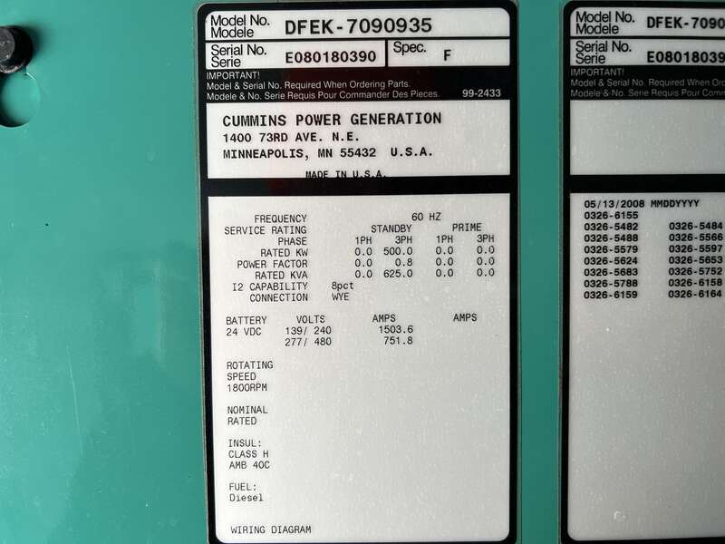 Cummins DFEK QSX15-G9 NR2 Diesel Generator, 374 Hrs, EPA Tier 2