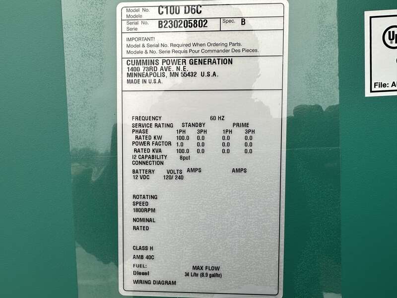 New Cummins C100D6C QSB5-G13 Diesel Generator, EPA Tier 3 - Single Phase