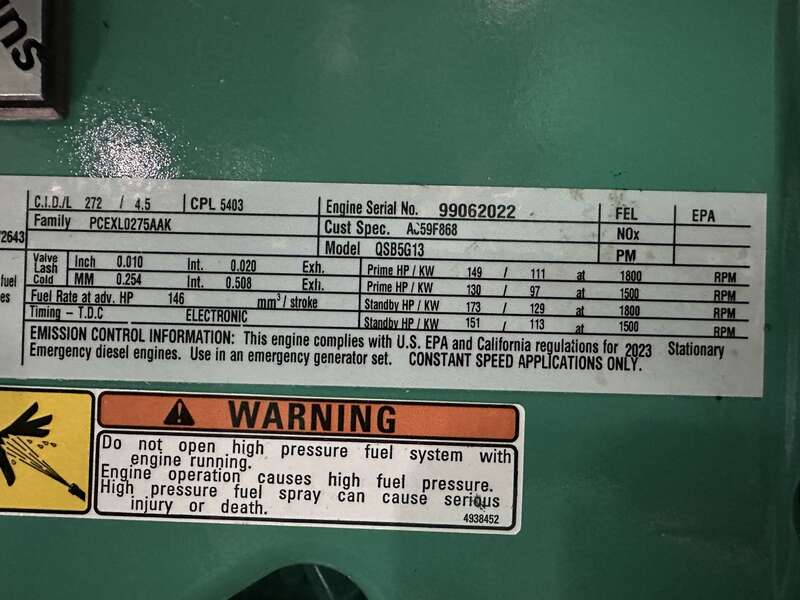 New Cummins C100D6C QSB5-G13 Diesel Generator, EPA Tier 3 - Single Phase