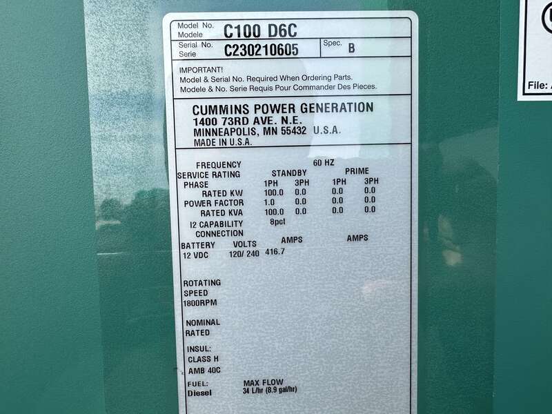 New Cummins C100D6C QSB5-G13 Diesel Generator, EPA Tier 3 - Single Phase