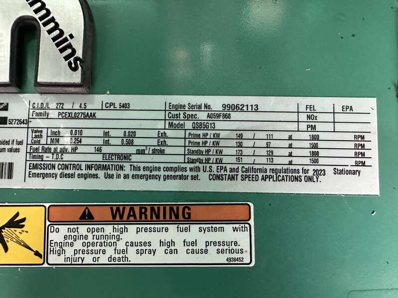 New Cummins C100D6C QSB5-G13 Diesel Generator, EPA Tier 3 - Single Phase